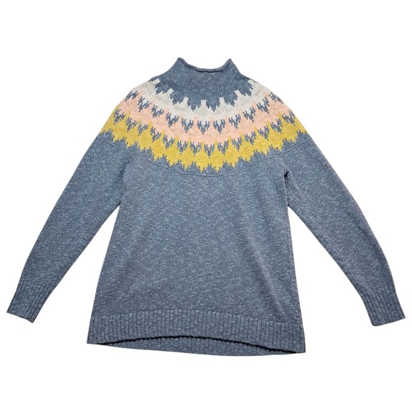 L.L. Bean Cotton Ragg Sweater Women's Large Blue Funnelneck Pullover Fair Isle - Picture 1 of 12